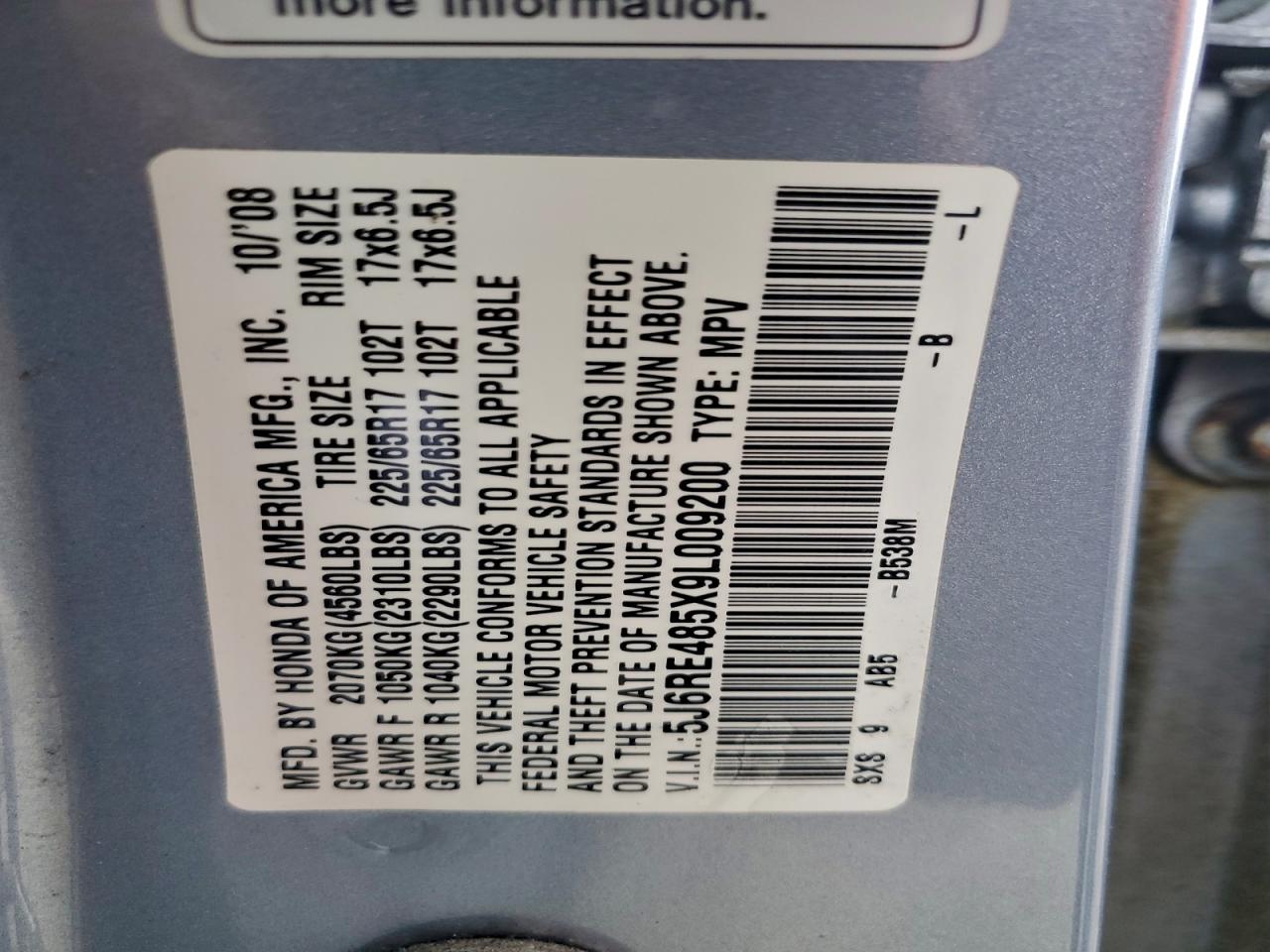 2009 Honda Cr-V Ex VIN: 5J6RE485X9L009200 Lot: 93672795