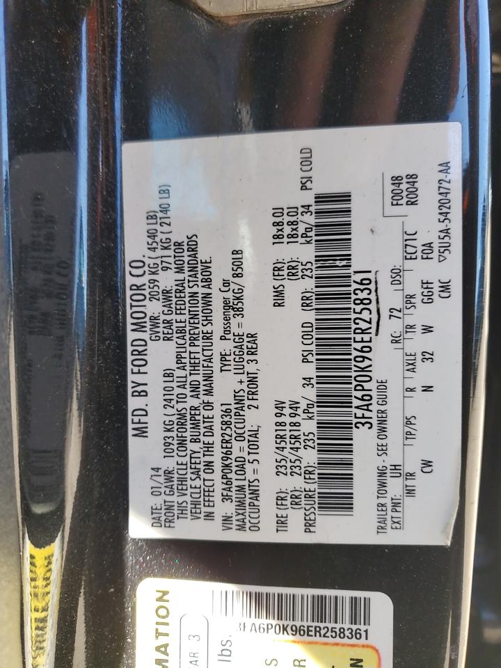 2014 Ford Fusion Titanium VIN: 3FA6P0K96ER258361 Lot: 92247055