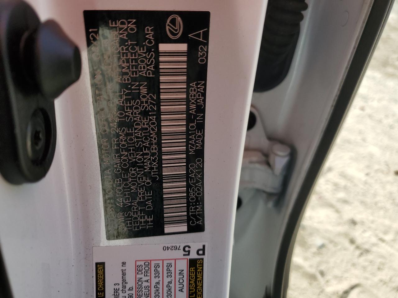 2021 Lexus Ux 200 VIN: JTHX3JBH6M2041272 Lot: 91129405