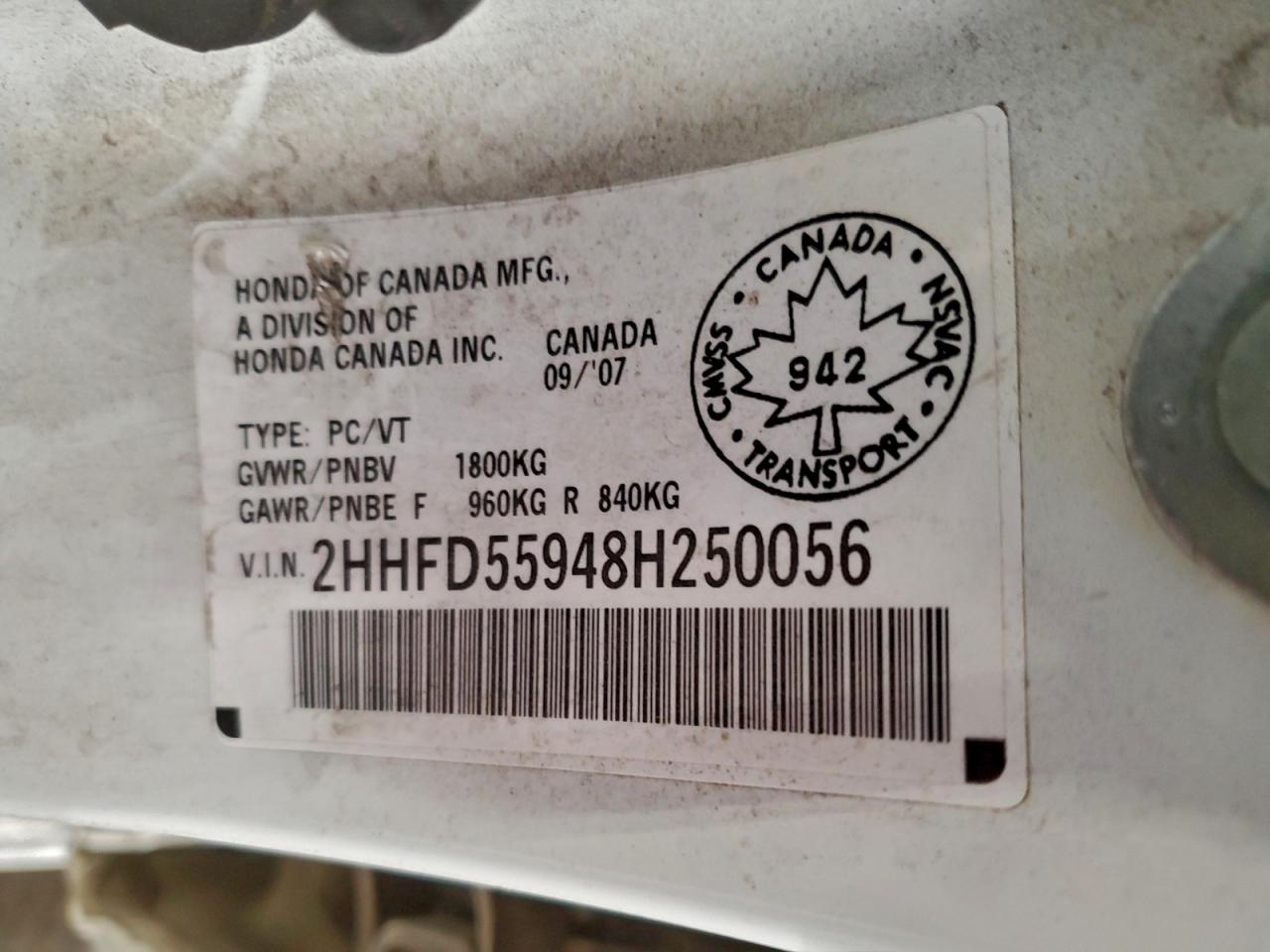 2008 Acura Csx Type S VIN: 2HHFD55948H250056 Lot: 94467415