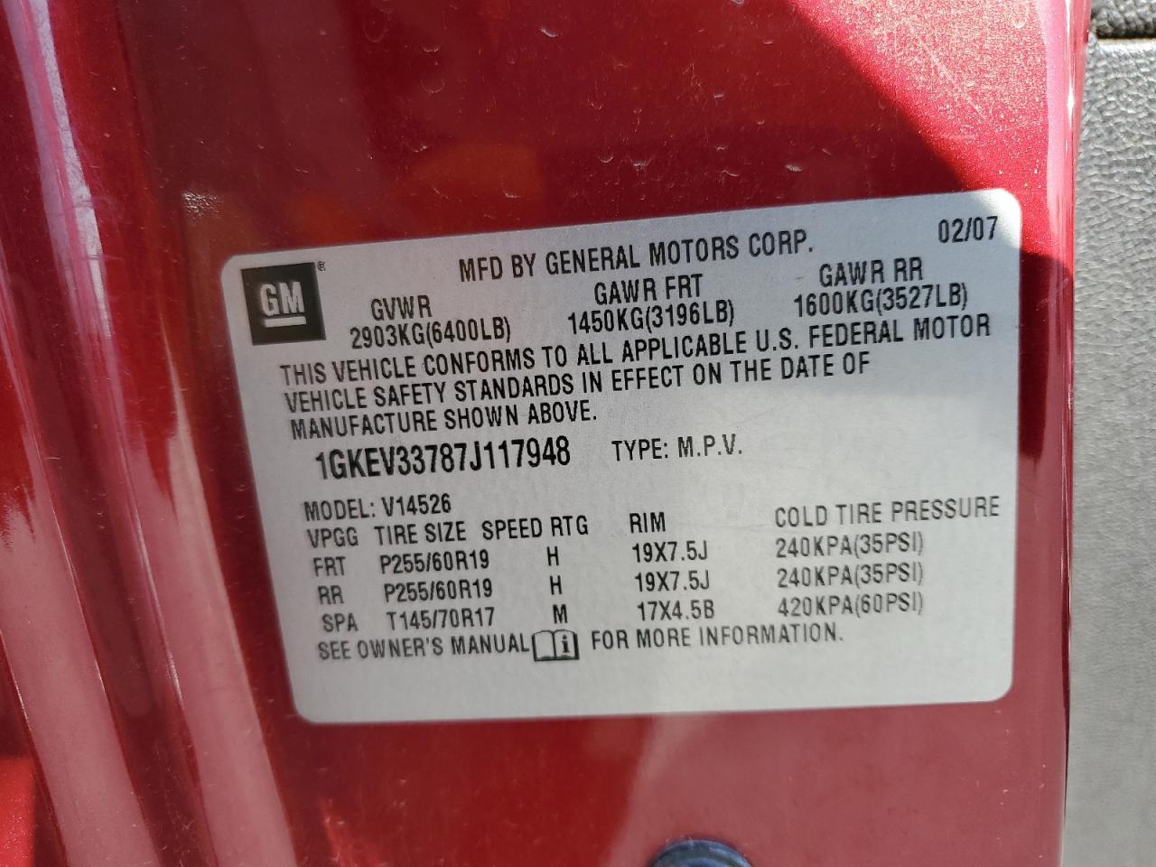 2007 GMC Acadia Slt-2 VIN: 1GKEV33787J117948 Lot: 91091015