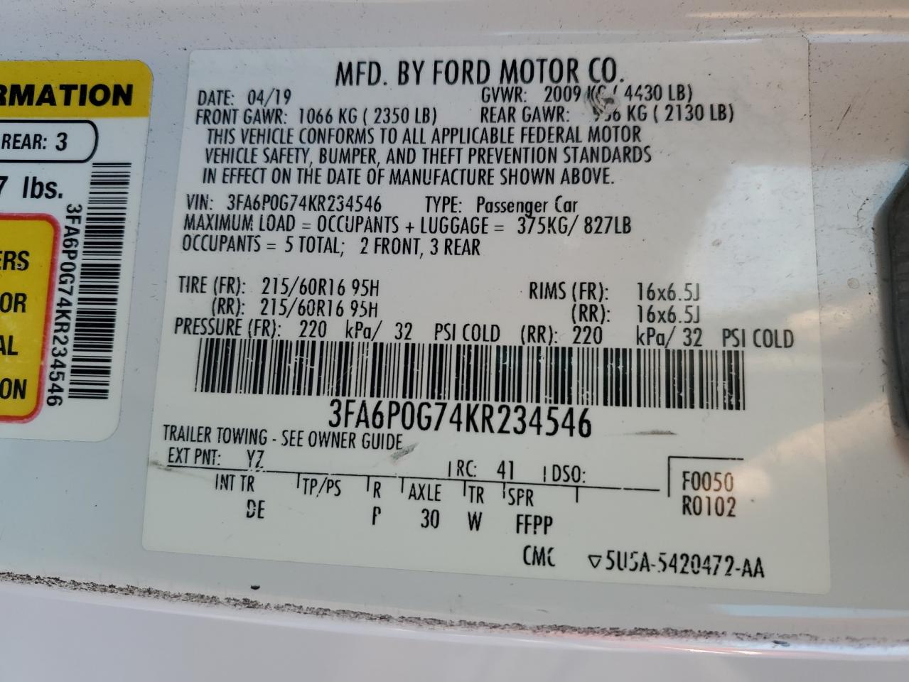 2019 Ford Fusion S VIN: 3FA6P0G74KR234546 Lot: 92515715