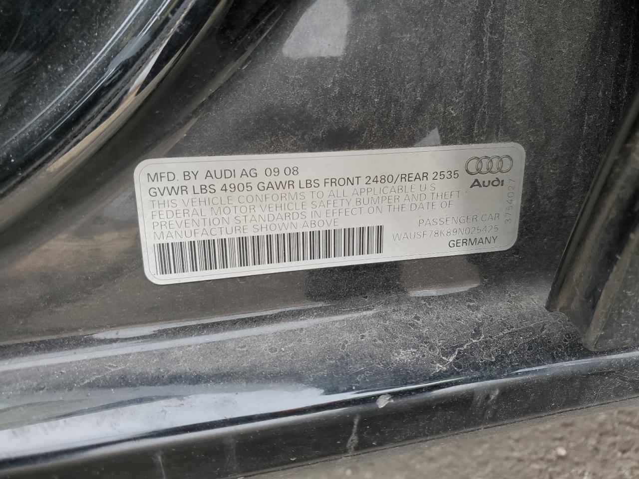 2009 Audi A4 Premium Plus VIN: WAUSF78K89N025425 Lot: 93516515