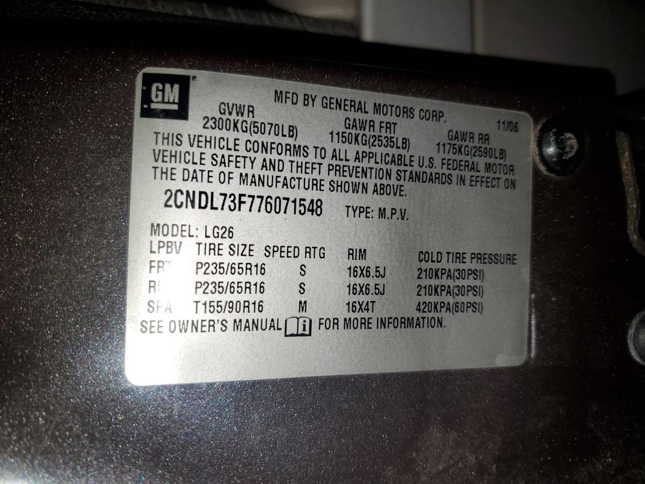 2007 Chevrolet Equinox Lt VIN: 2CNDL73F776071548 Lot: 91625565