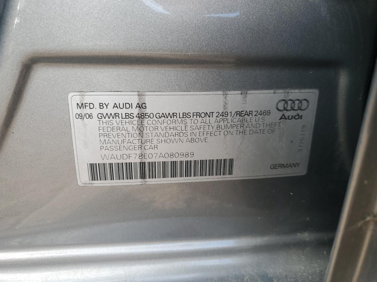 2007 Audi A4 2.0T Quattro VIN: WAUDF78E07A080989 Lot: 93058515
