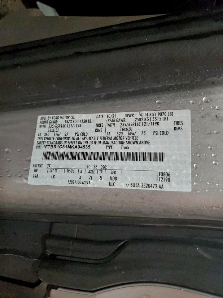 2021 Ford Transit T-250 VIN: 1FTBR1C81MKA94535 Lot: 92848435