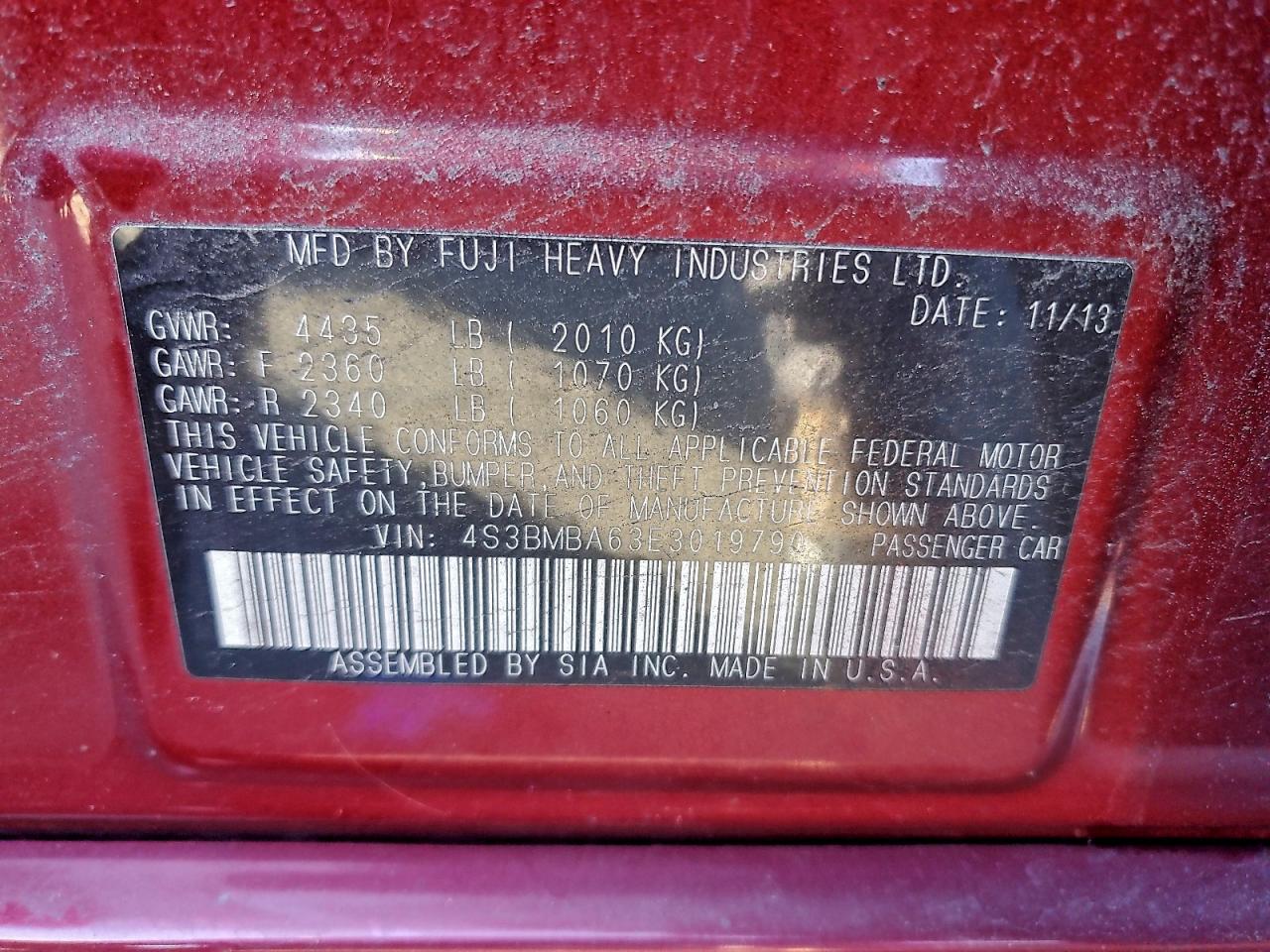 2014 Subaru Legacy 2.5I VIN: 4S3BMBA63E3019790 Lot: 93002415