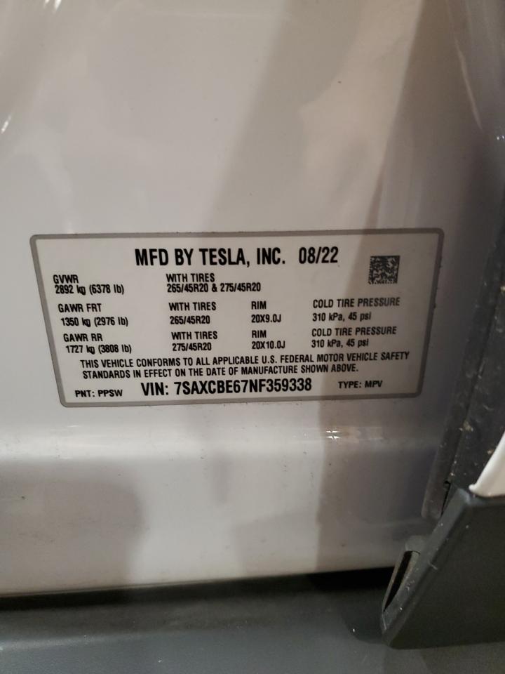 2022 Tesla Model X VIN: 7SAXCBE67NF359338 Lot: 91354445