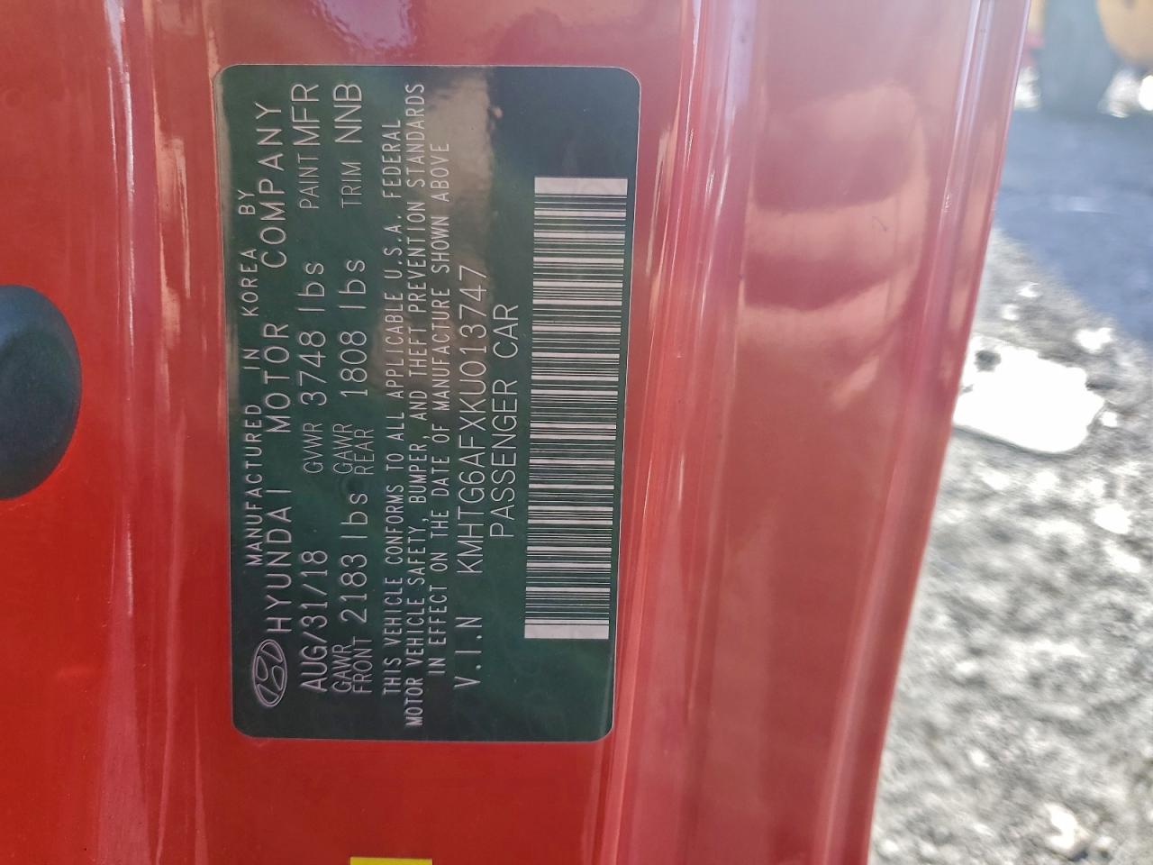 2019 Hyundai Veloster Base VIN: KMHTG6AFXKU013747 Lot: 93509555