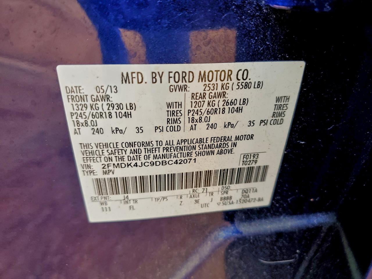 2013 Ford Edge Sel VIN: 2FMDK4JC9DBC42071 Lot: 93410775