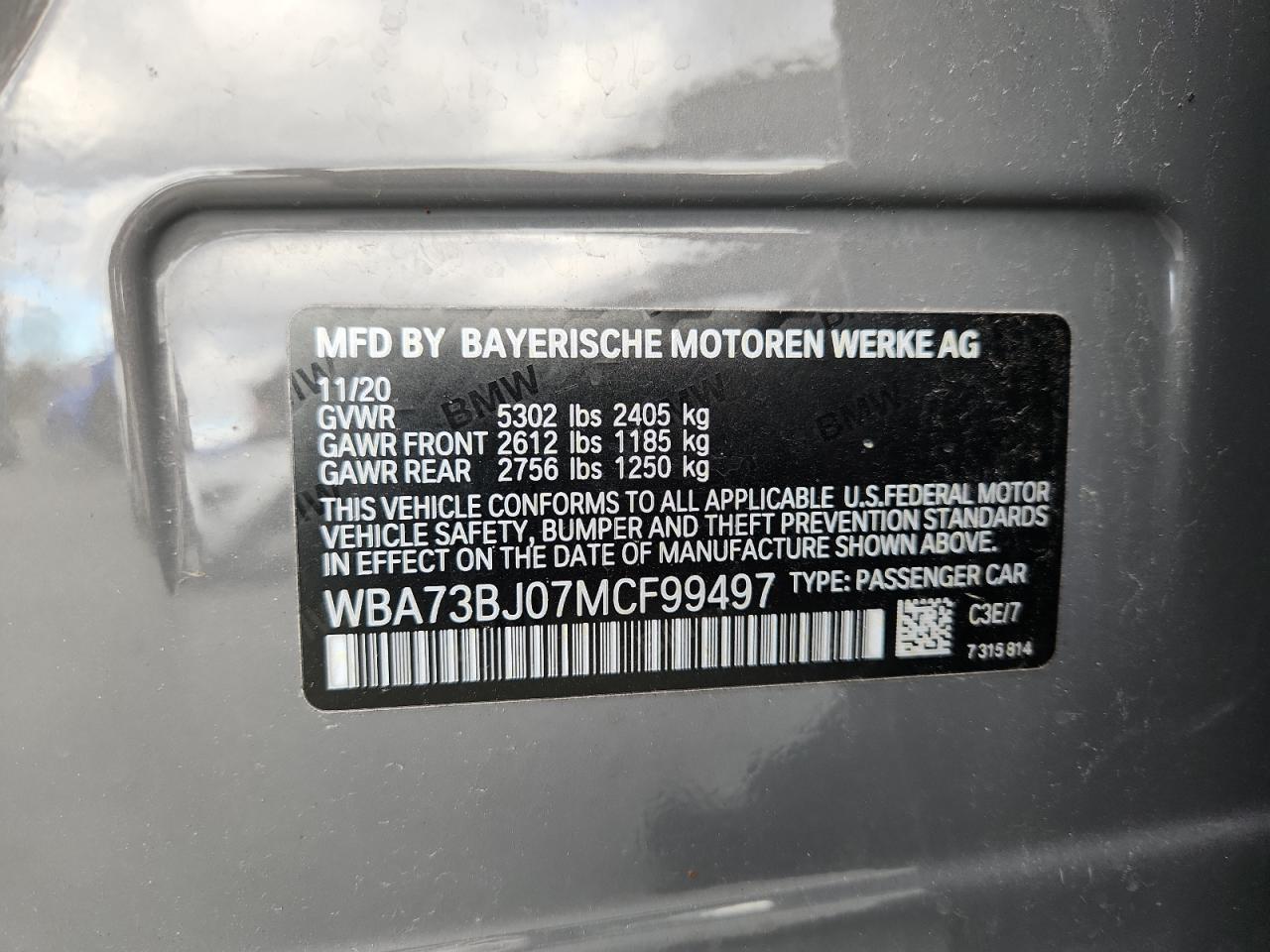 2021 BMW 540 Xi VIN: WBA73BJ07MCF99497 Lot: 92086465