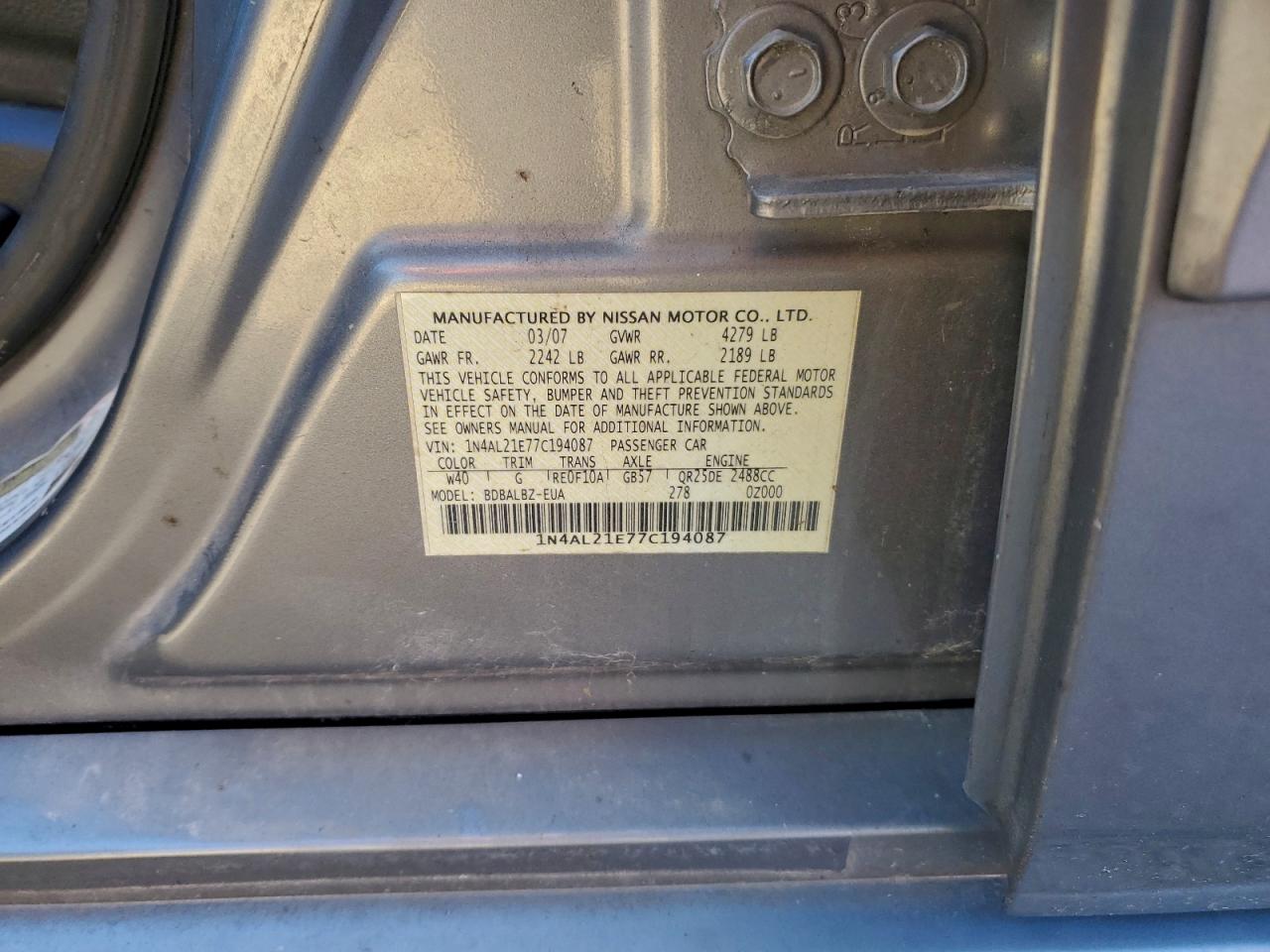 2007 Nissan Altima 2.5 VIN: 1N4AL21E77C194087 Lot: 94230095