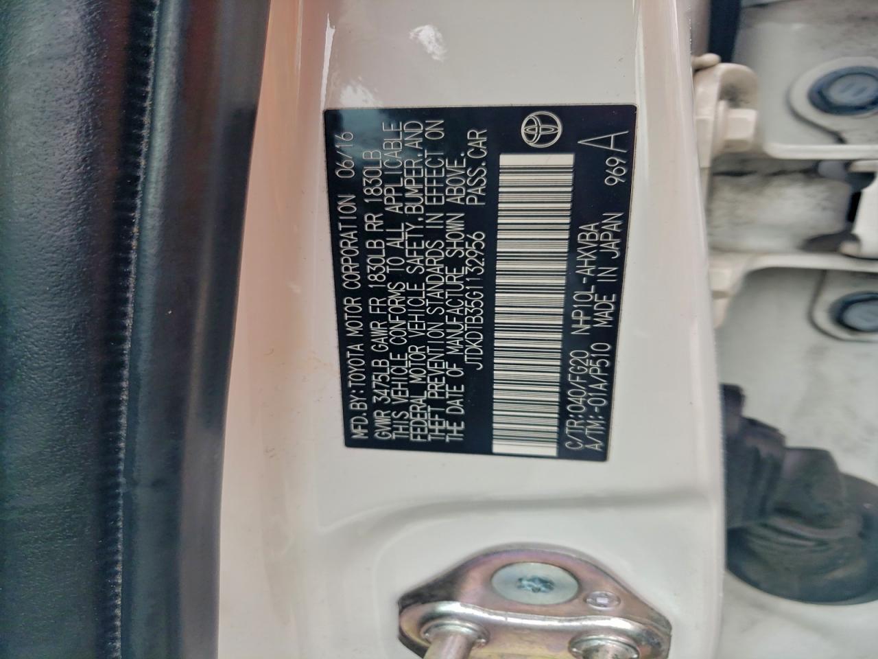 2016 Toyota Prius C VIN: JTDKDTB35G1132956 Lot: 94061555