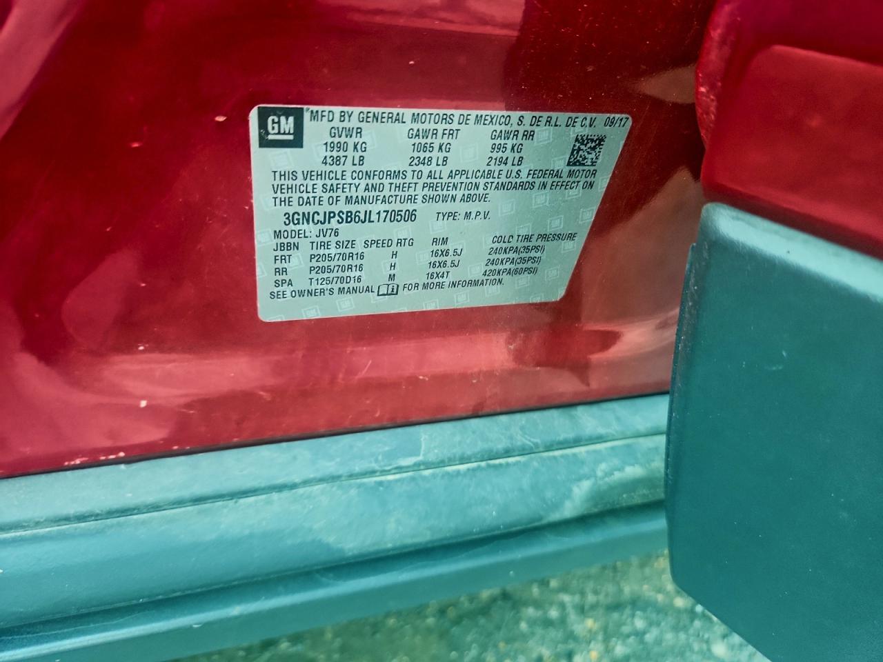 2018 Chevrolet Trax 1Lt VIN: 3GNCJPSB6JL170506 Lot: 93784235