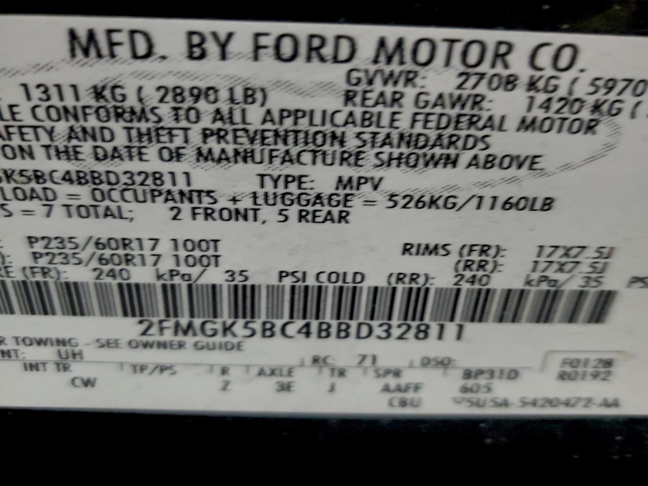 2011 Ford Flex Se VIN: 2FMGK5BC4BBD32811 Lot: 95014615