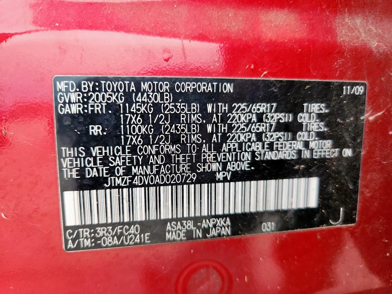 2010 Toyota Rav4 VIN: JTMZF4DV0AD020729 Lot: 91029755