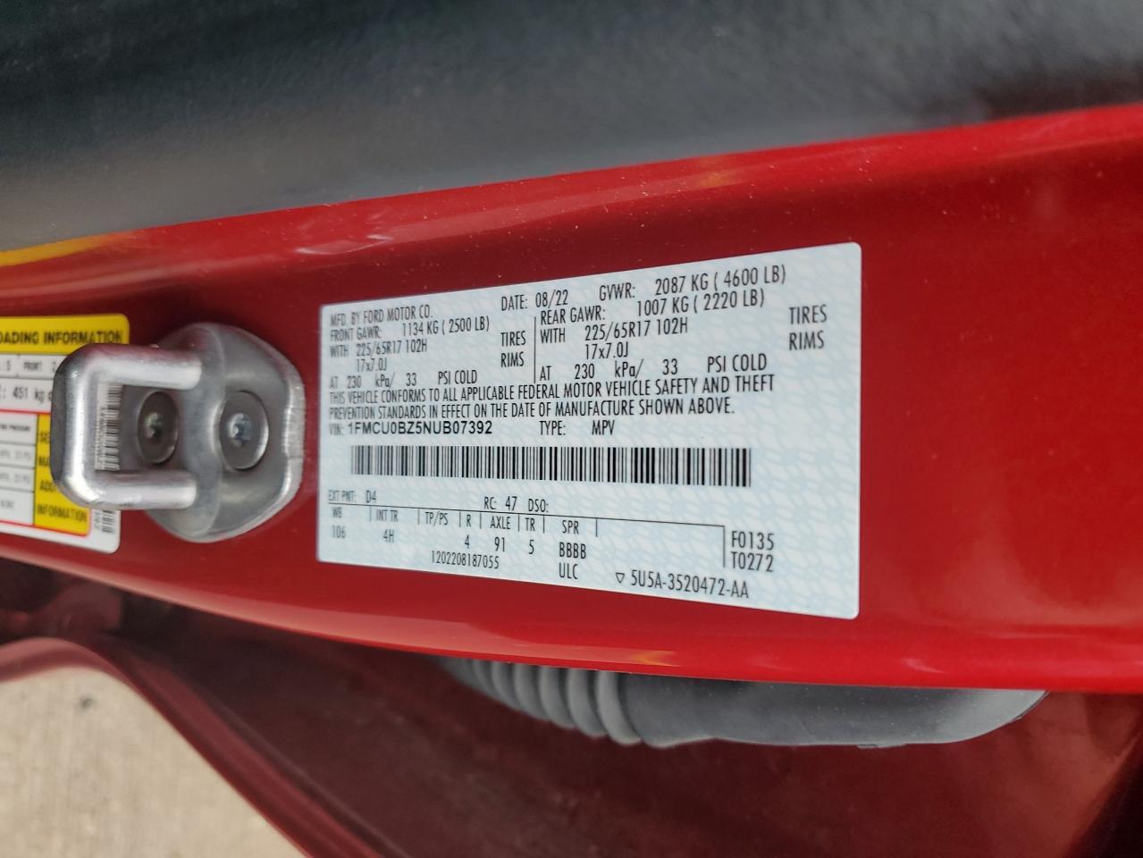 2022 Ford Escape Se VIN: 1FMCU0BZ5NUB07392 Lot: 92751275