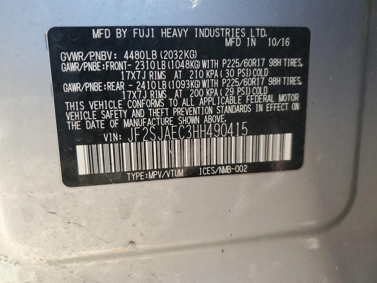 2017 Subaru Forester 2.5I Premium VIN: JF2SJAEC3HH490415 Lot: 91805505