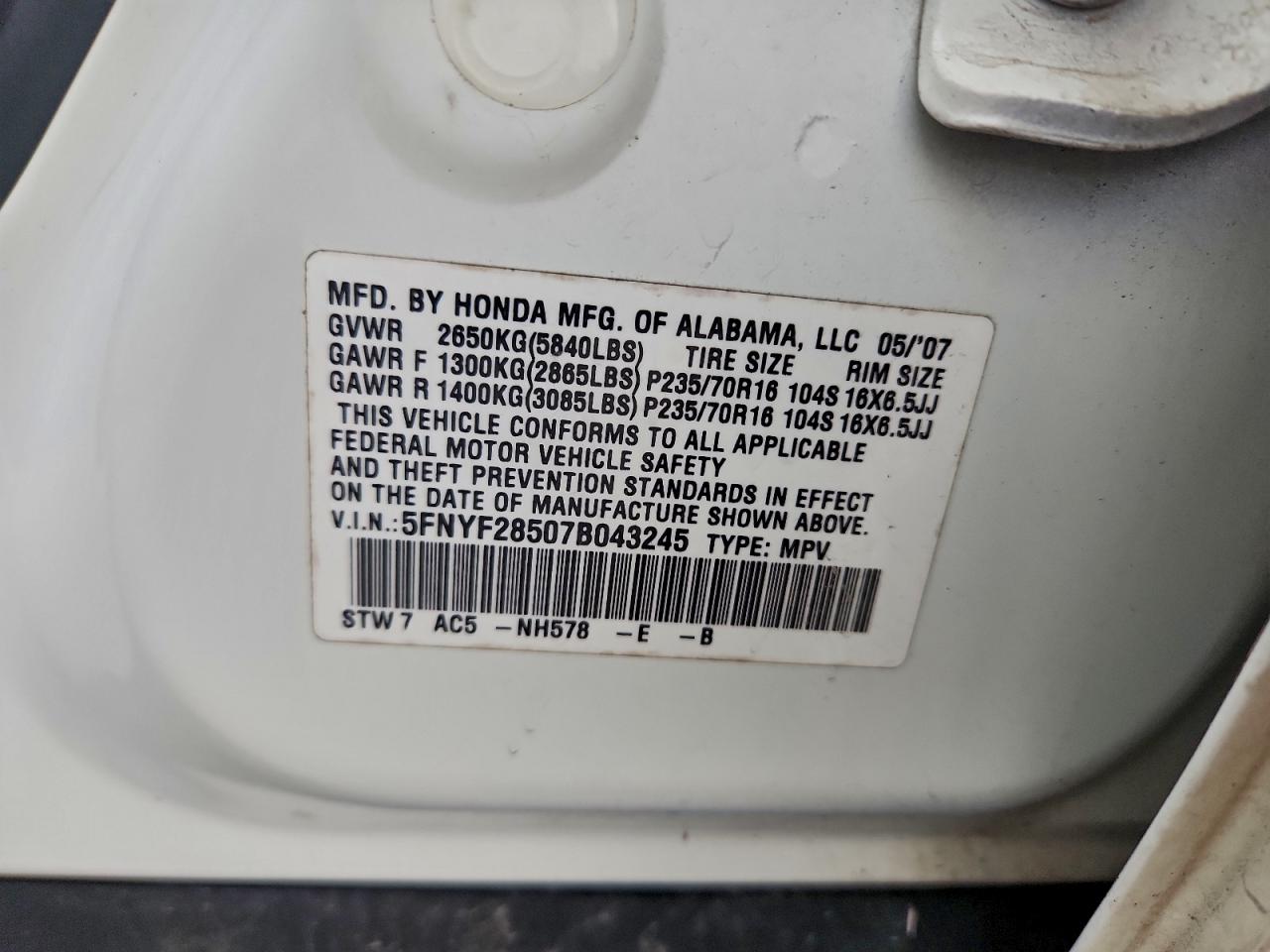 2007 Honda Pilot Exl VIN: 5FNYF28507B043245 Lot: 94537405