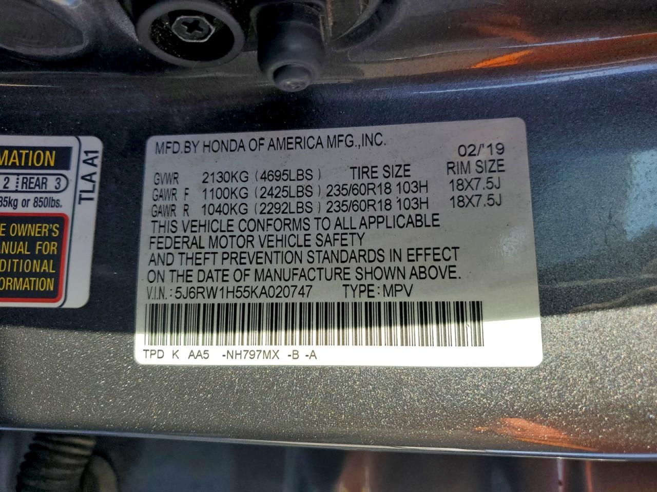 2019 Honda Cr-V Ex VIN: 5J6RW1H55KA020747 Lot: 93213685