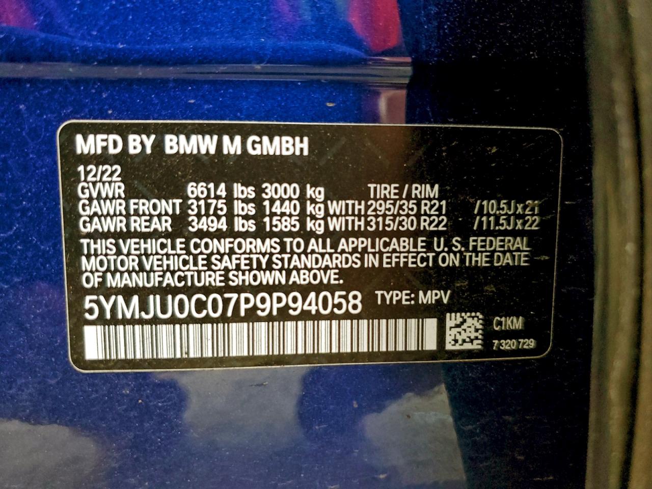 2023 BMW X5 M VIN: 5YMJU0C07P9P94058 Lot: 93921475