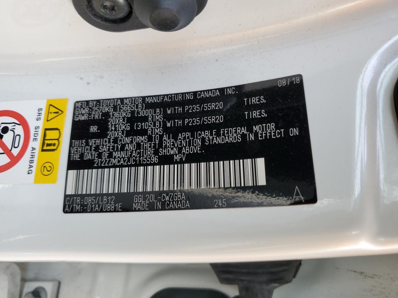 2018 Lexus Rx 350 Base VIN: 2T2ZZMCA2JC115596 Lot: 92050485