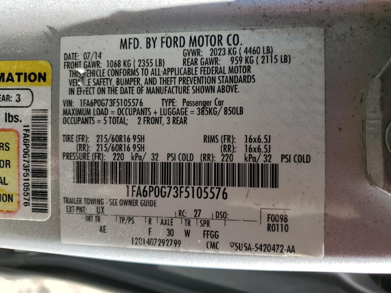 2015 Ford Fusion S VIN: 1FA6P0G73F5105576 Lot: 91989465