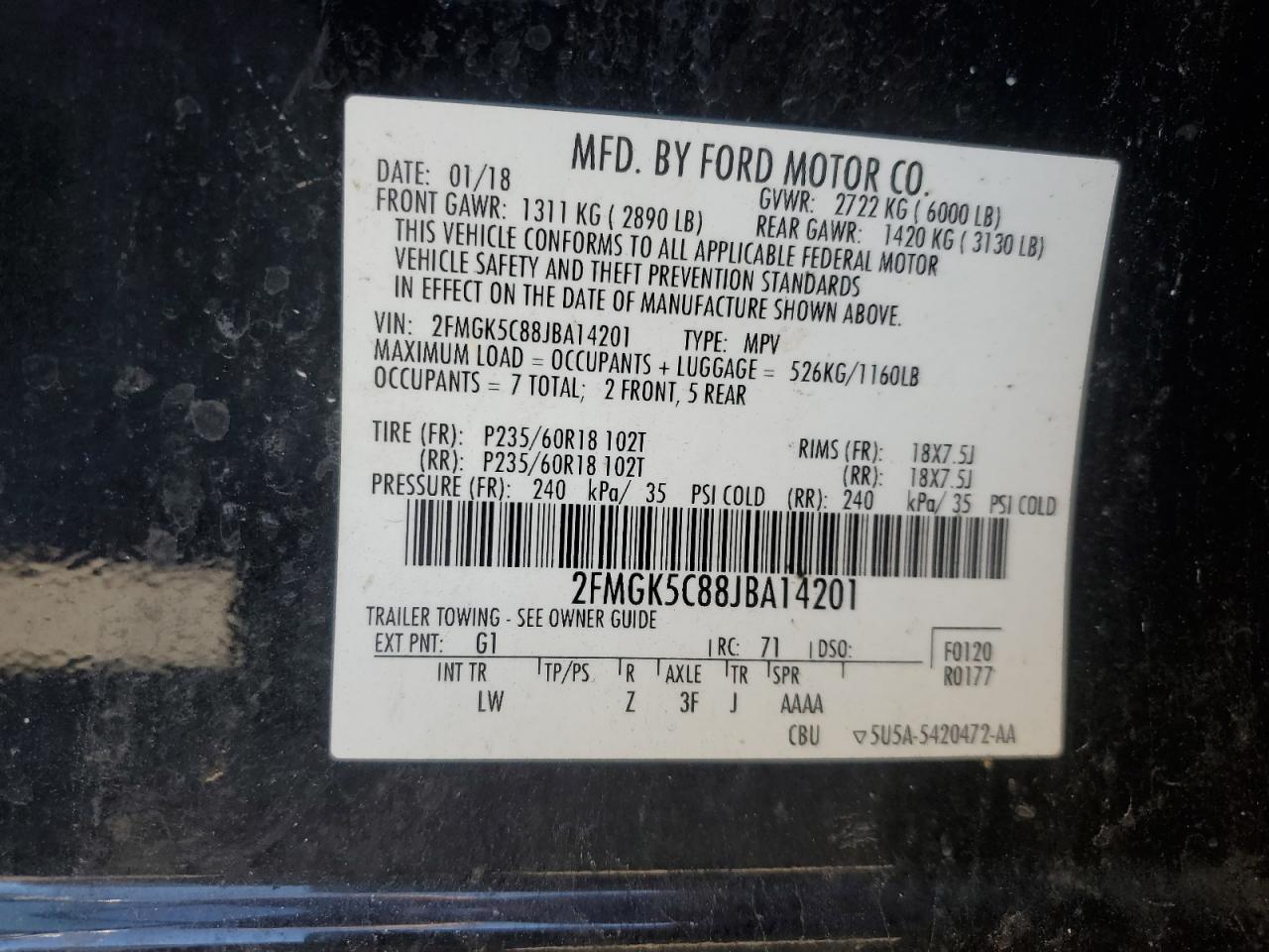 2018 Ford Flex Sel VIN: 2FMGK5C88JBA14201 Lot: 92107095