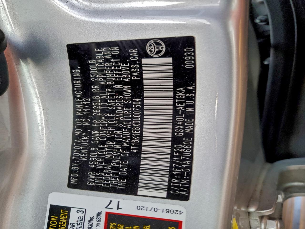 2013 Toyota Avalon Base VIN: 4T1BK1EBXDU007504 Lot: 94751955