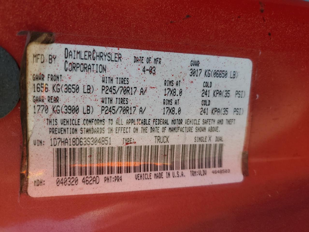 2003 Dodge Ram 1500 St VIN: 1D7HA18D63S304851 Lot: 90977425