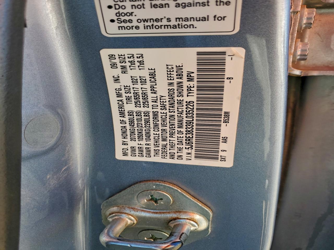 2009 Honda Cr-V Lx VIN: 5J6RE38339L035226 Lot: 94479035