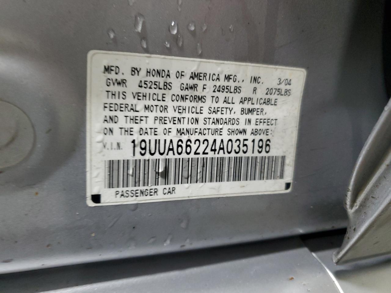 2004 Acura Tl VIN: 19UUA66224A035196 Lot: 90867035