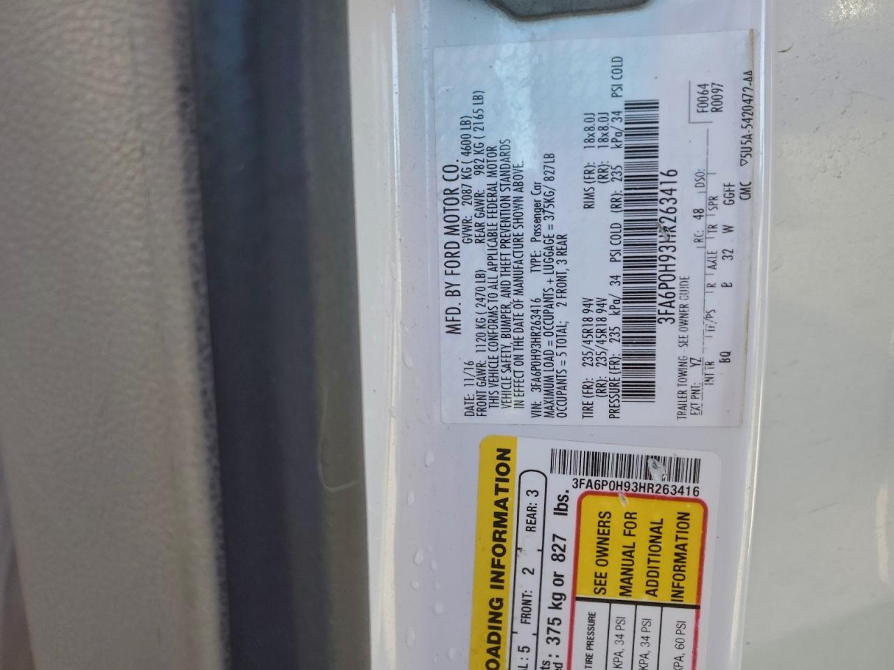 2017 Ford Fusion Se VIN: 3FA6P0H93HR263416 Lot: 94412655