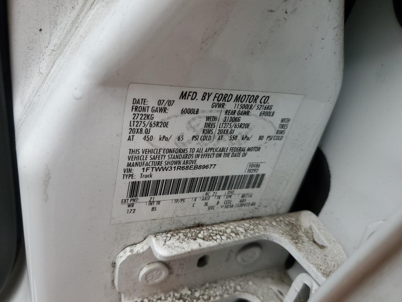 2008 Ford F350 Srw Super Duty VIN: 1FTWW31R68EB89677 Lot: 93357515