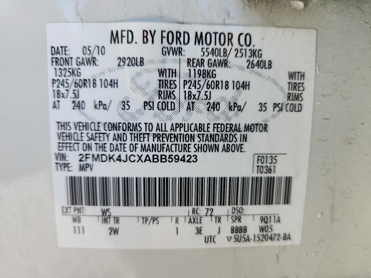 2010 Ford Edge Sel VIN: 2FMDK4JCXABB59423 Lot: 90748695