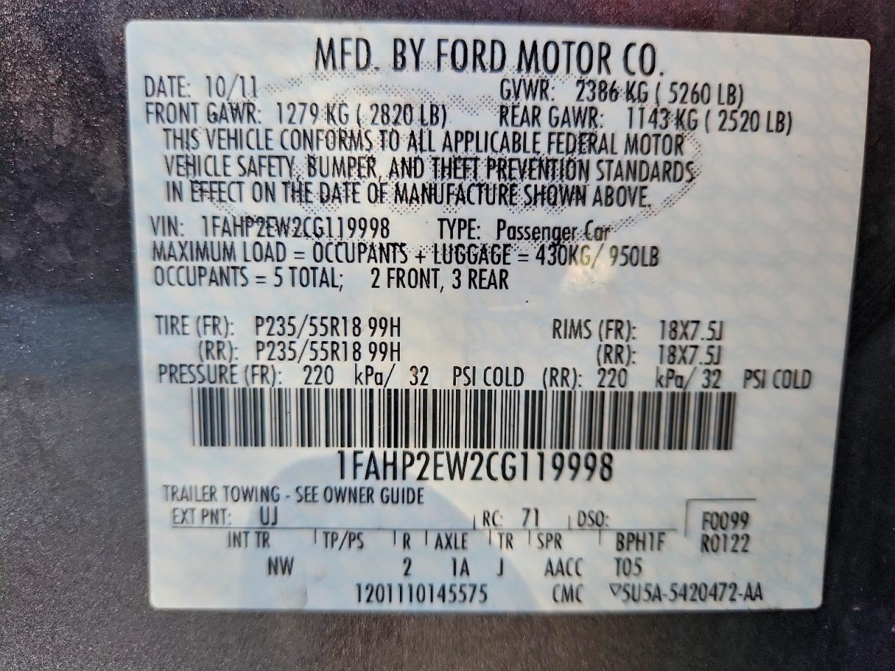 2012 Ford Taurus Sel VIN: 1FAHP2EW2CG119998 Lot: 93758735