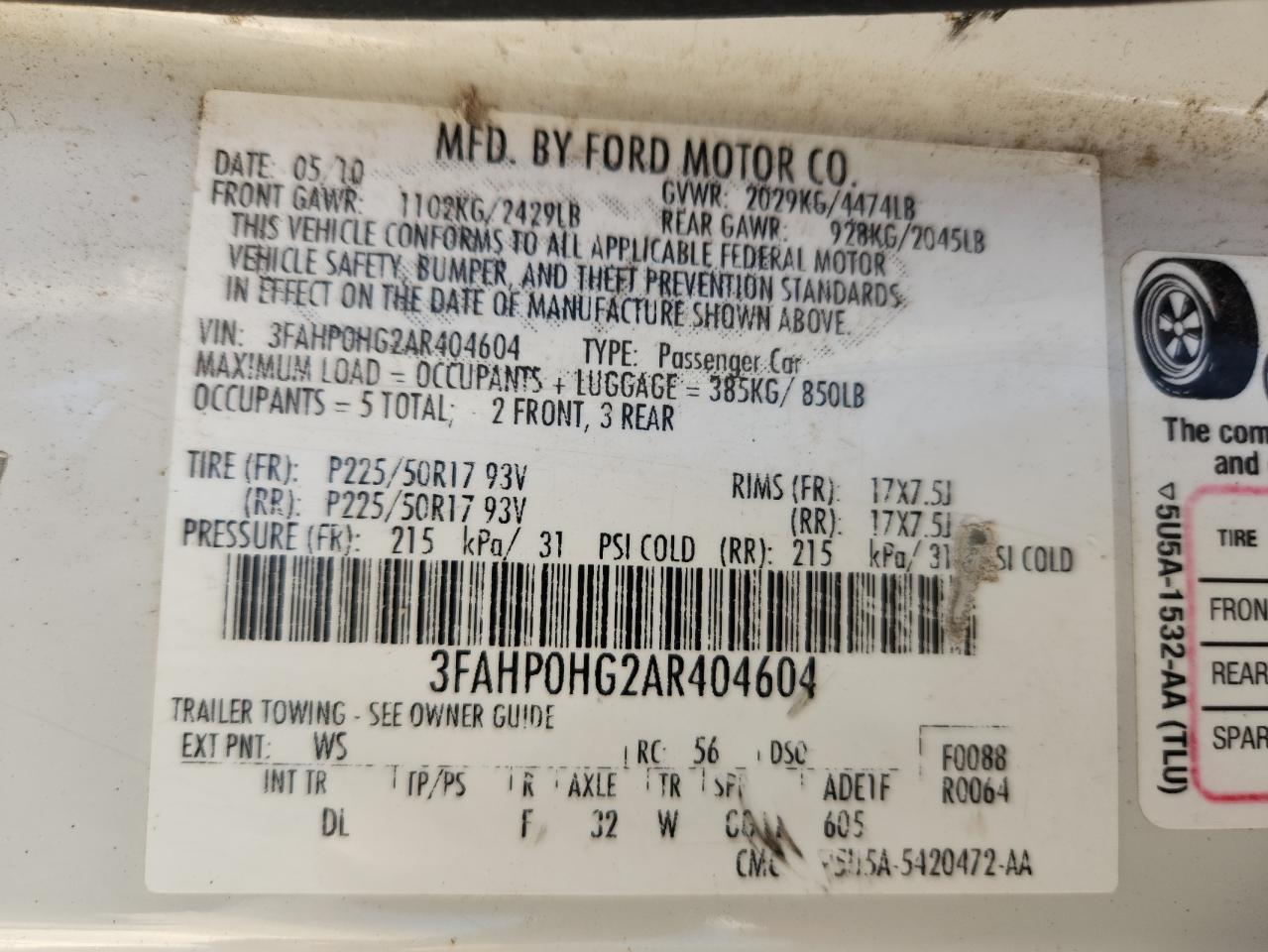 2010 Ford Fusion Se VIN: 3FAHP0HG2AR404604 Lot: 92924955