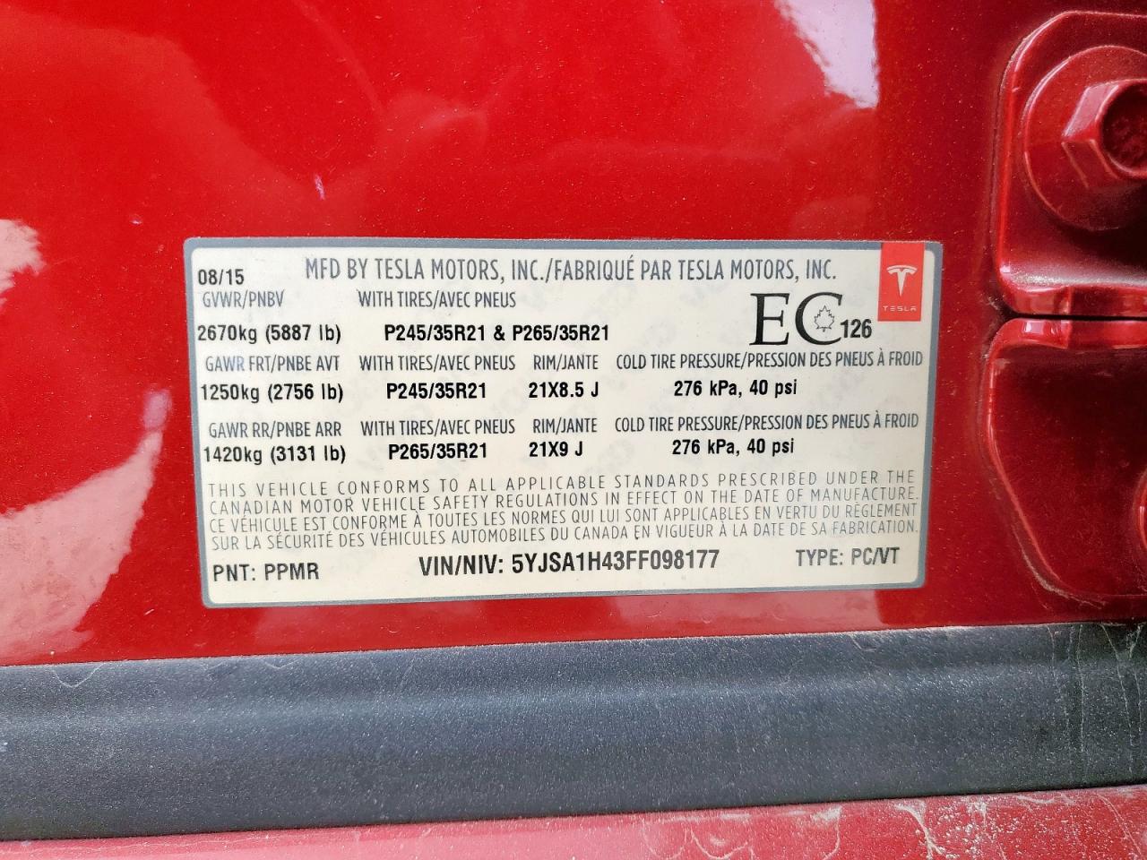 2015 Tesla Model S P85D VIN: 5YJSA1H43FF098177 Lot: 90920285