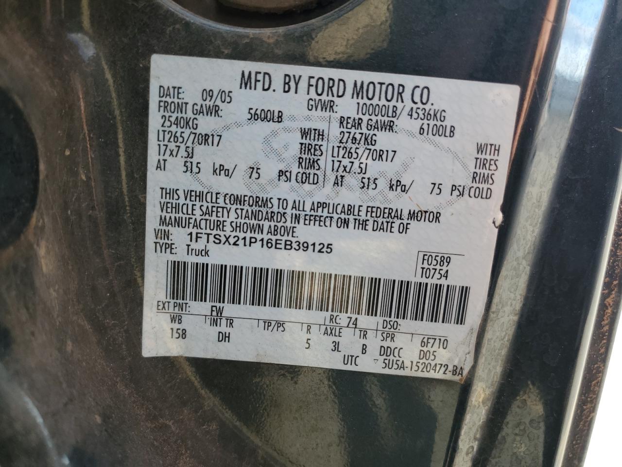 2006 Ford F250 Super Duty VIN: 1FTSX21P16EB39125 Lot: 91308465