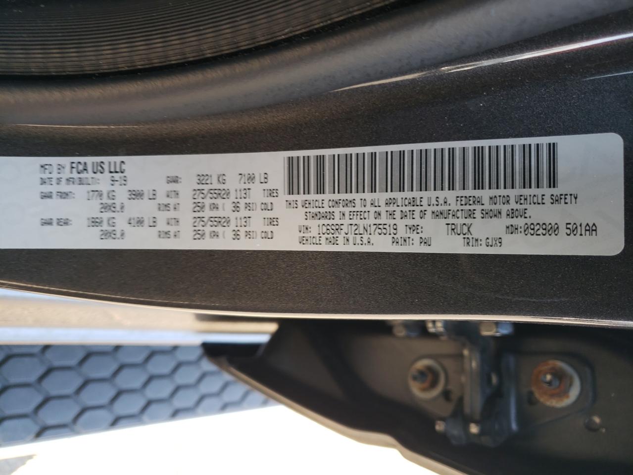 2020 Ram 1500 Laramie VIN: 1C6SRFJT2LN175519 Lot: 90759205