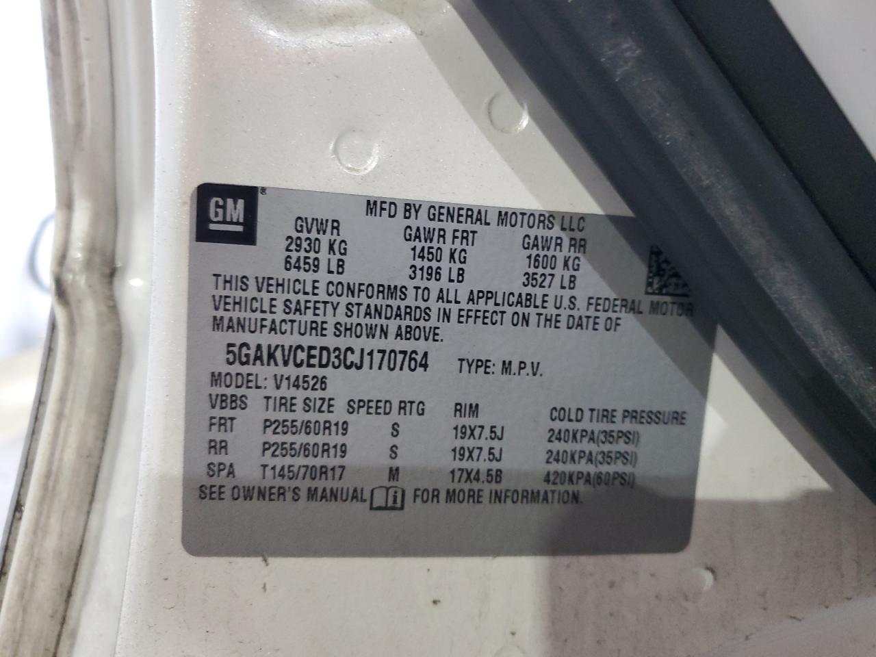 2012 Buick Enclave VIN: 5GAKVCED3CJ170764 Lot: 92904755