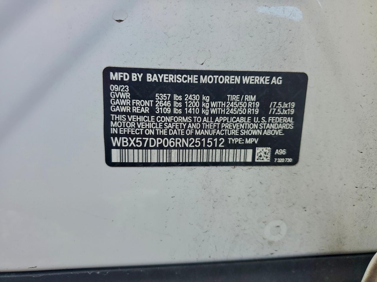 2024 BMW X3 xDrive30I VIN: WBX57DP06RN251512 Lot: 94542855