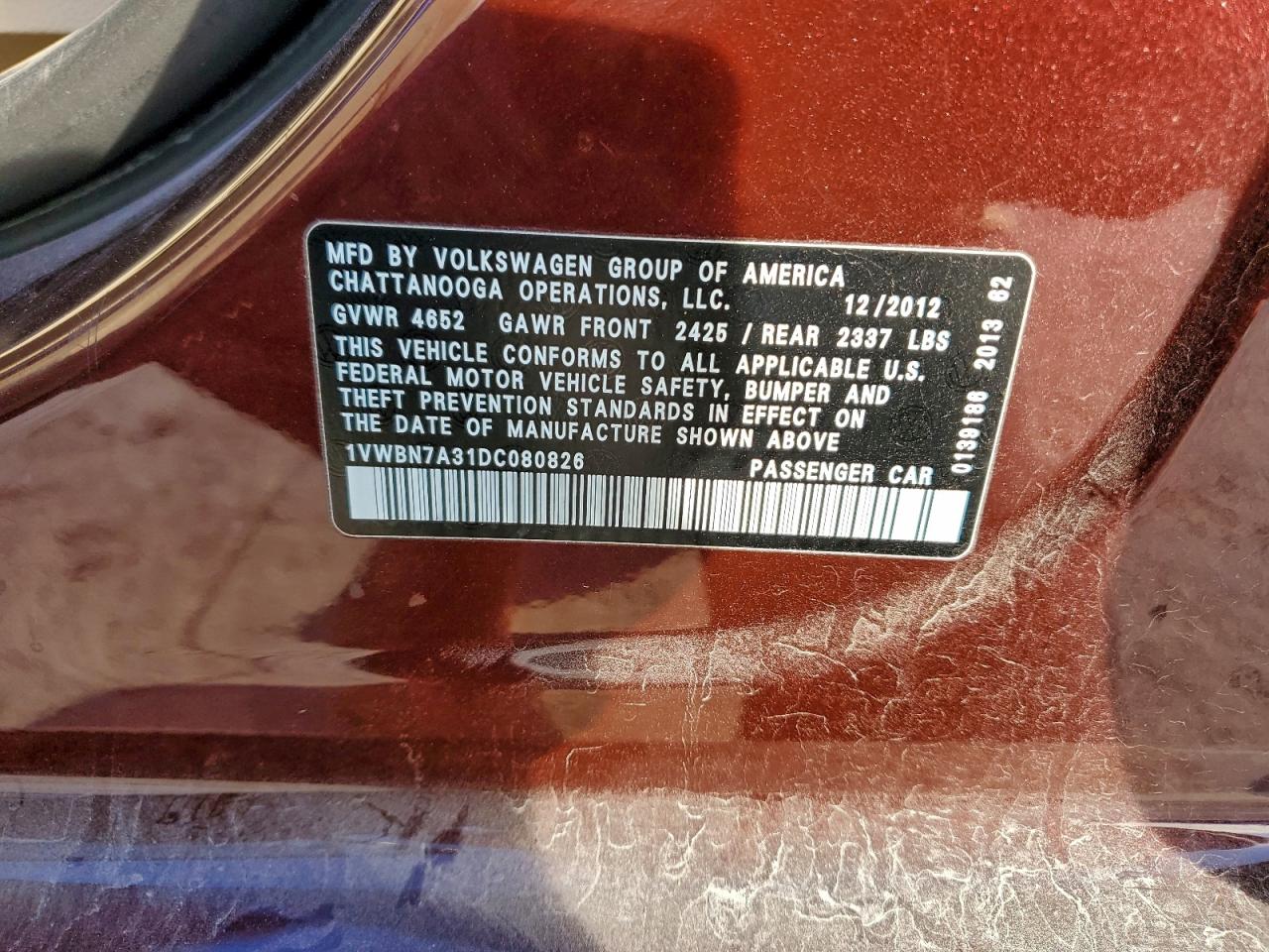 2013 Volkswagen Passat Se VIN: 1VWBN7A31DC080826 Lot: 94371625