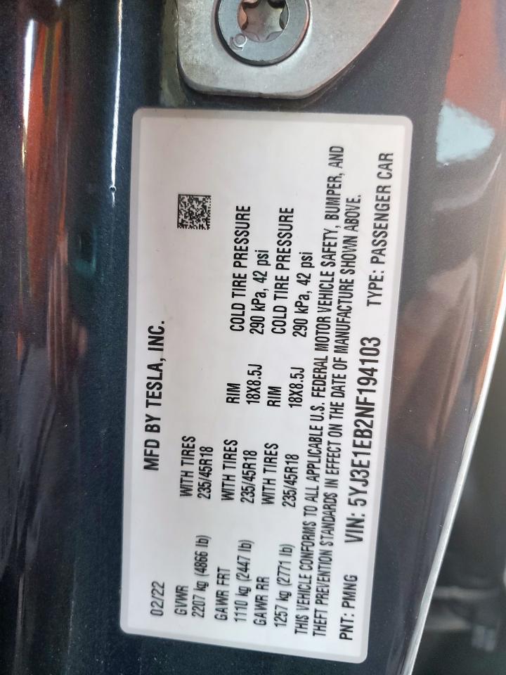 2022 Tesla Model 3 VIN: 5YJ3E1EB2NF194103 Lot: 91066535
