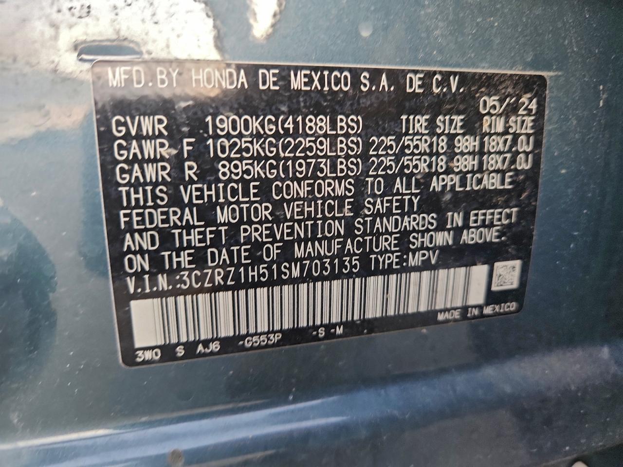 2025 Honda Hr-V Sport VIN: 3CZRZ1H51SM703135 Lot: 94056135