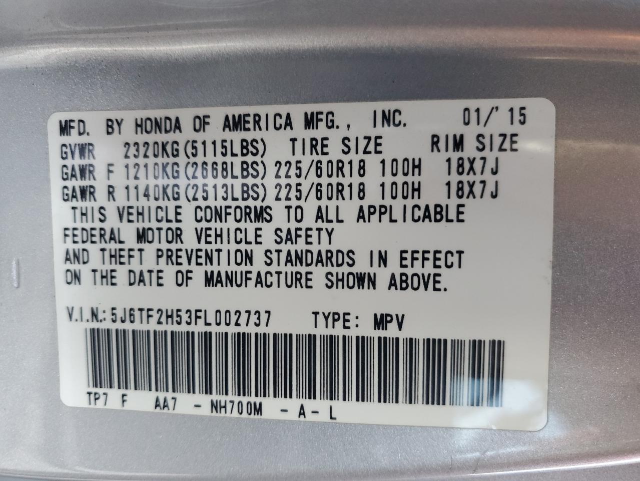 2015 Honda Crosstour Exl VIN: 5J6TF2H53FL002737 Lot: 92259735