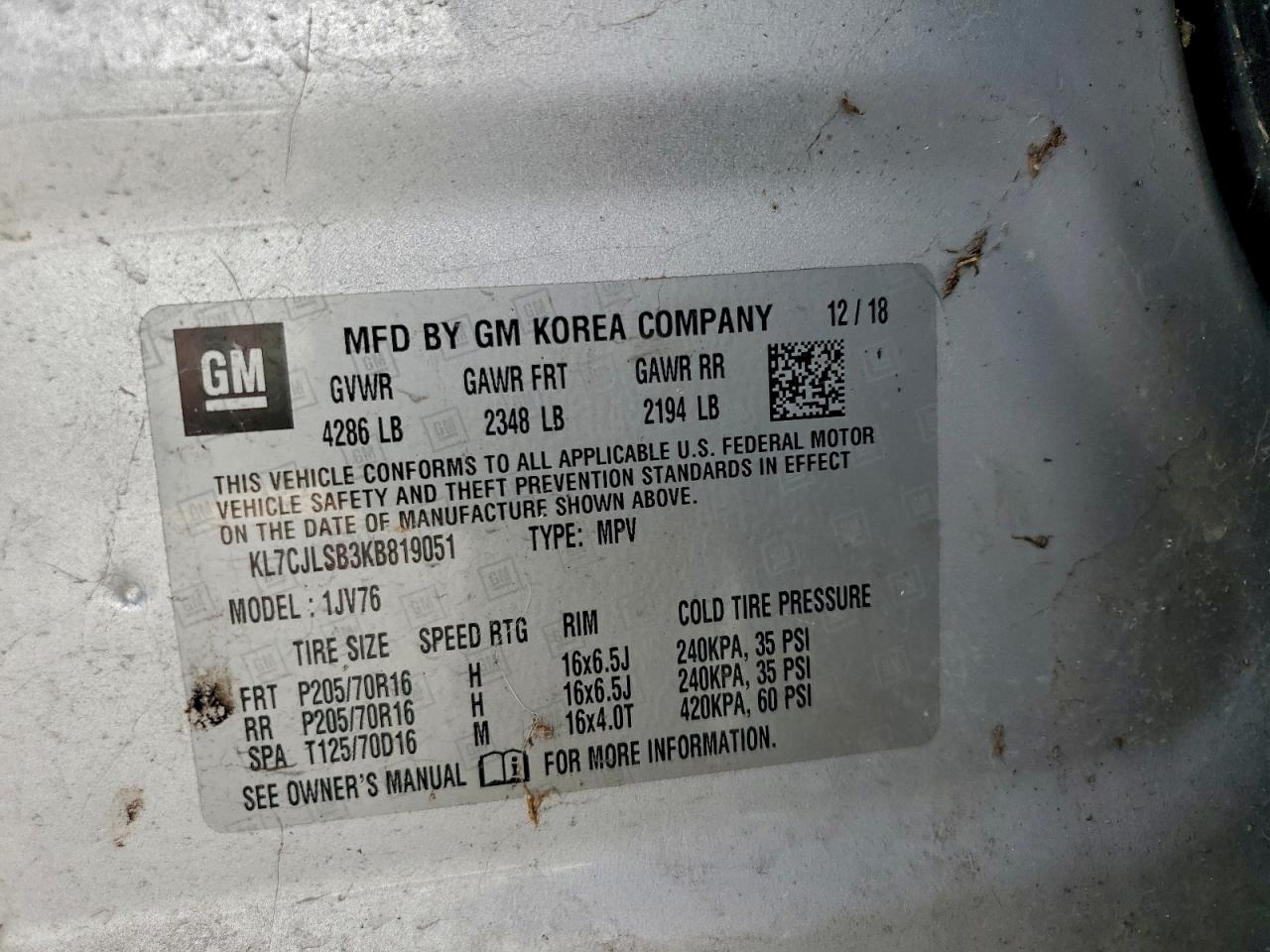 2019 Chevrolet Trax 1Lt VIN: KL7CJLSB3KB819051 Lot: 93153965