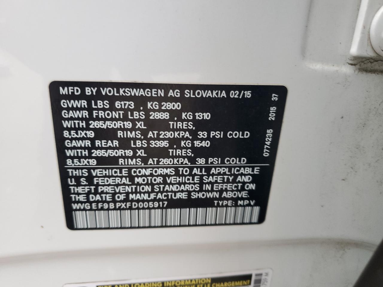 2015 Volkswagen Touareg V6 VIN: WVGEF9BPXFD005917 Lot: 93204715