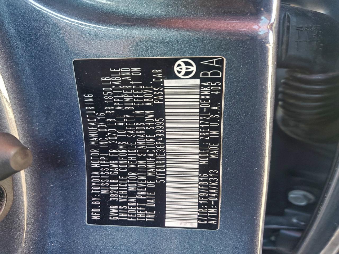 2016 Toyota Corolla L VIN: 5YFBURHE3GP489995 Lot: 93920555