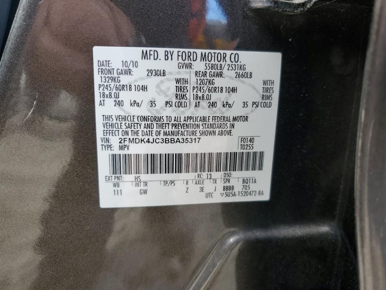 2011 Ford Edge Sel VIN: 2FMDK4JC3BBA35317 Lot: 91239255